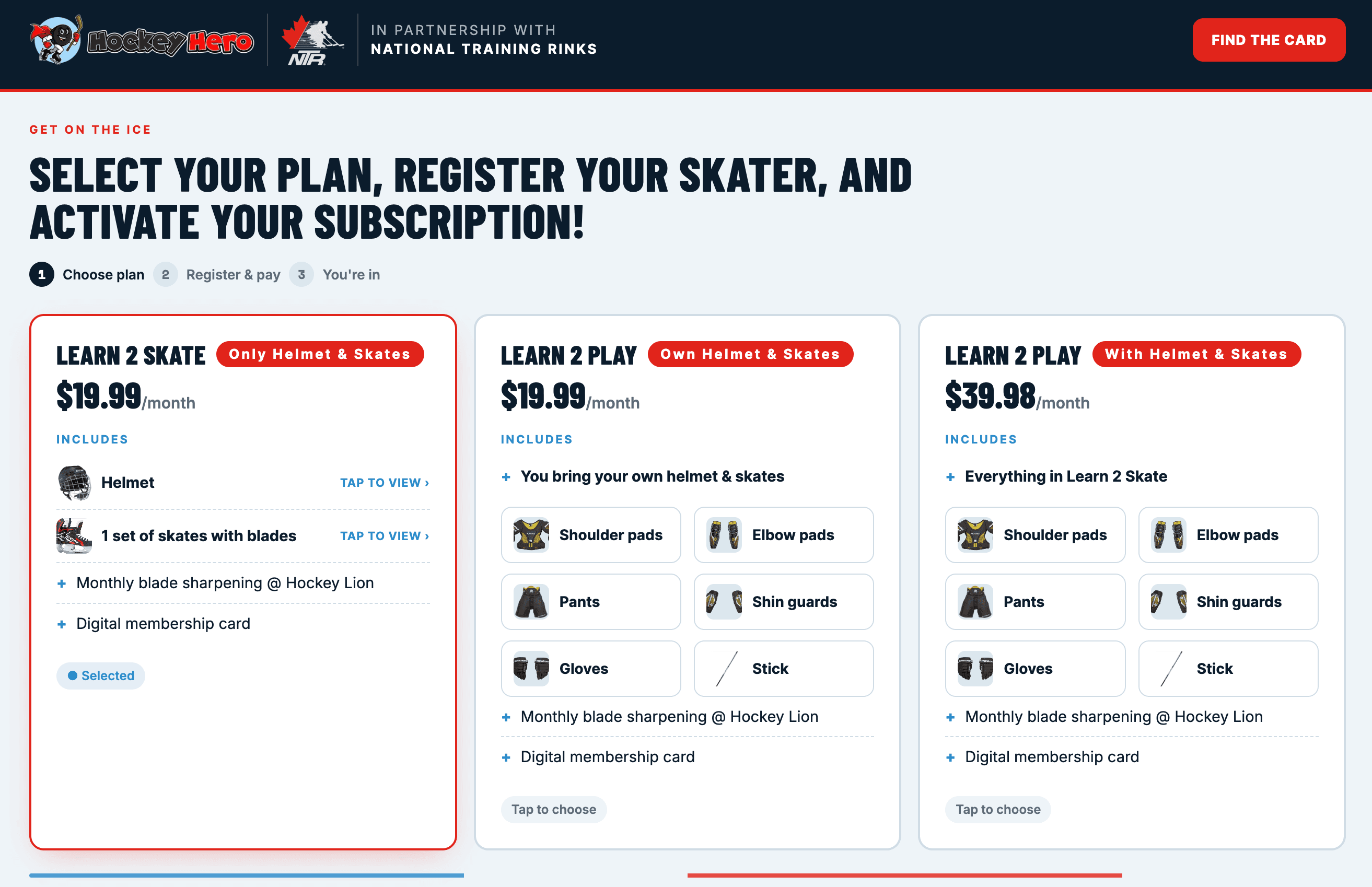 Hockey Hero membership platform showing equipment plans, skater registration, and subscription options