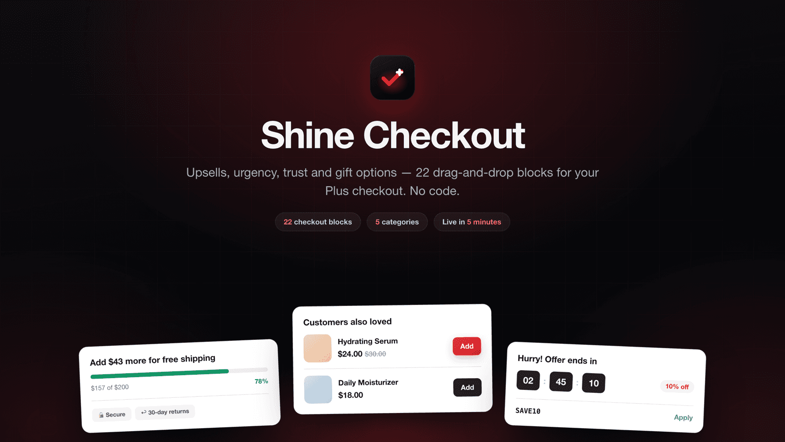 Shine Checkout featuring 22 drag-and-drop Shopify Plus checkout blocks for upsells, urgency, trust, and gift options